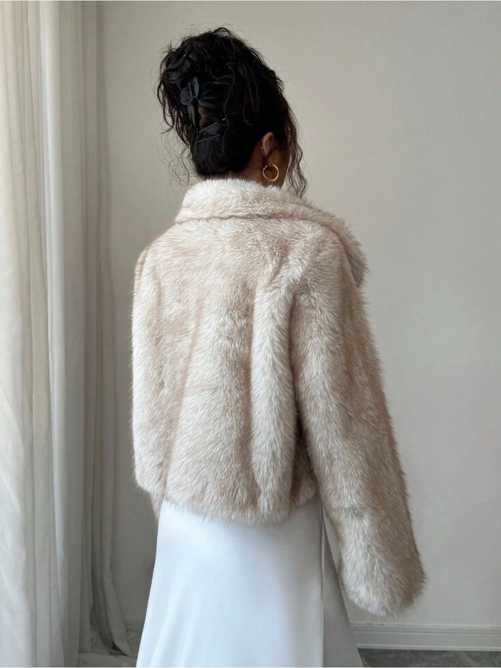 Lux Faux Fur Cropped Jacket in Light Taupe - Picture 2 of 6